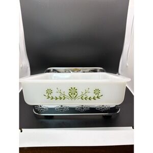 Vintage Glasbake Milk Glass Casserole Dish Ornate SilverToned Handles MidCentury